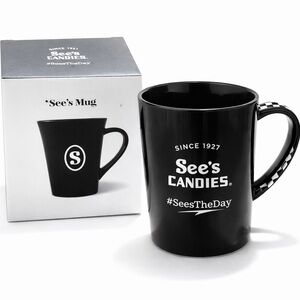 See’s Candies Black Ceramic Mug w/ Box 20oz Checkered Handle Coffee Cup